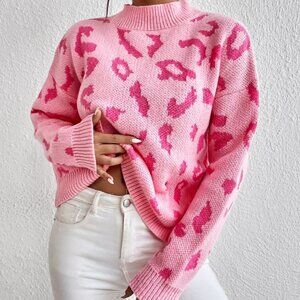 Pink Casual Womens Leopard Pattern Mock Neck Drop Shoulder Sweater